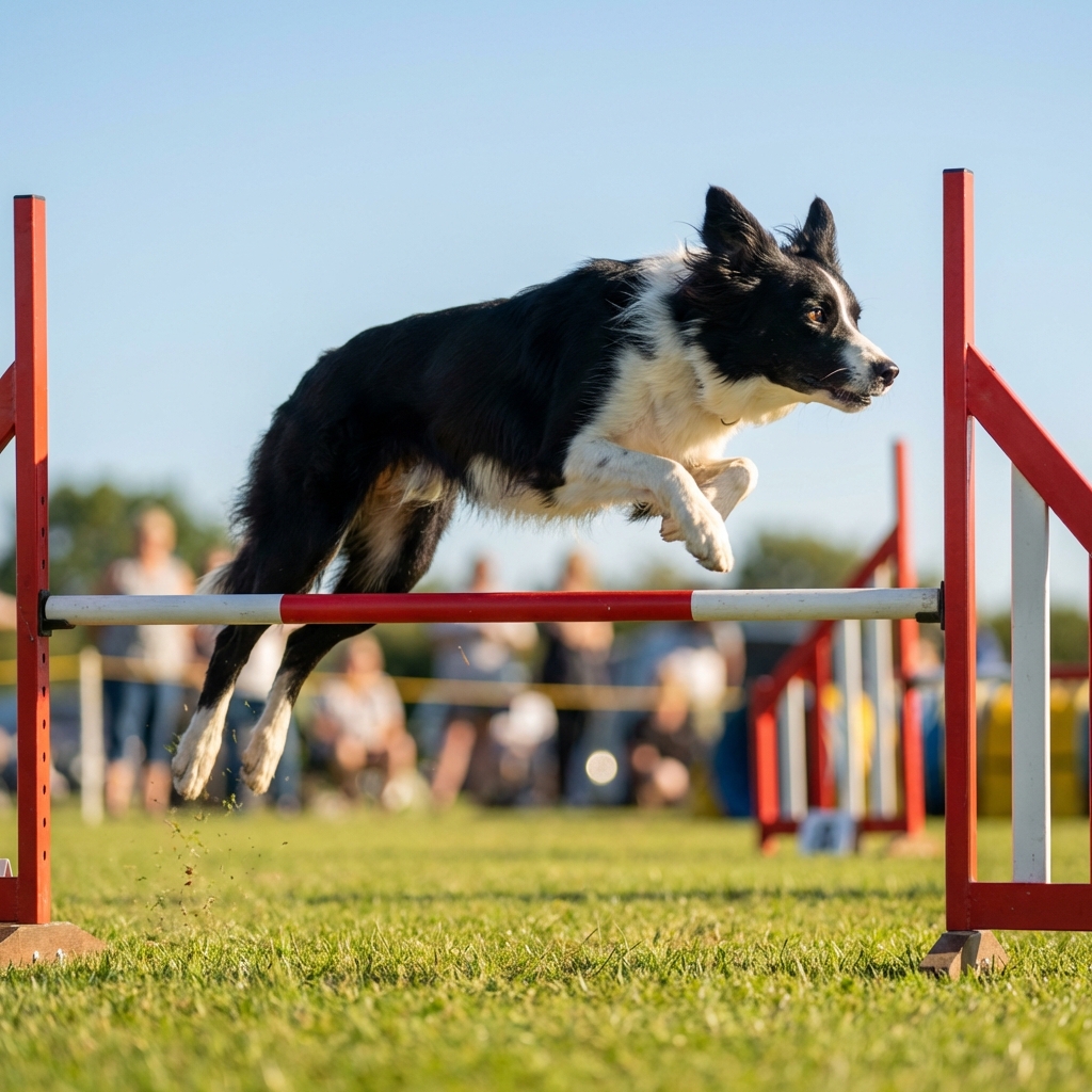 Cão saltando obstáculo de agility